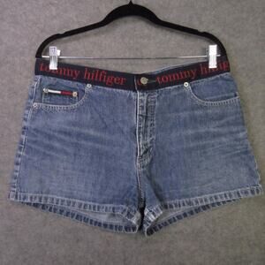 Vintage Tommy Jeans Shorts Womens 13 Blue Denim Logo Waistband High Rise 90s